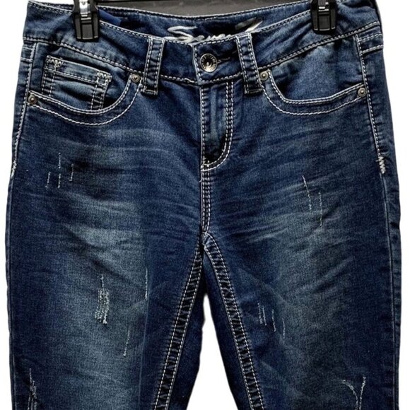 Seven7 Slimboot Jeans Womens 8 Distressed Whisker Front Thick Stitch Embroidered - Picture 9 of 13